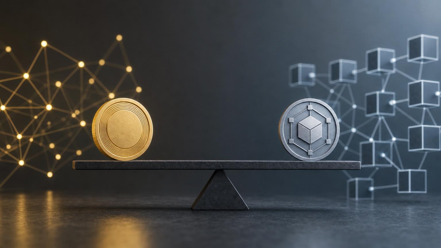 Digital coins and blockchain tokens shown on separate network layers, illustrating the practical difference between native assets and issued tokens